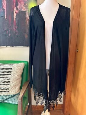 Charlotte Russe Black Sheer Open Cardigan with Lace Trim